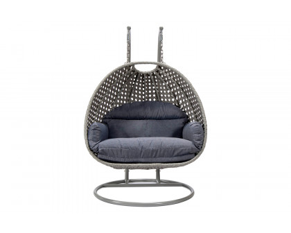 LeisureMod Mendoza Light Gray Wicker Hanging 2 Person Egg Swing Chair with Cushions - Charcoal