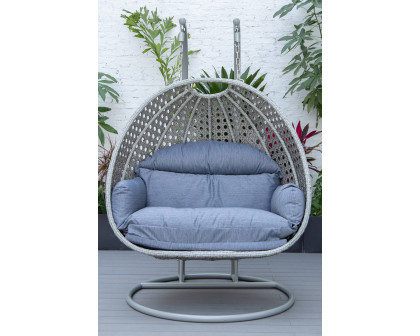 LeisureMod Mendoza Light Gray Wicker Hanging 2 Person Egg Swing Chair with Cushions - Charcoal