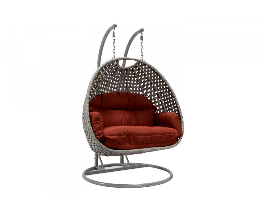 LeisureMod Mendoza Light Gray Wicker Hanging 2 Person Egg Swing Chair with Cushions - Cherry