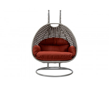 LeisureMod Mendoza Light Gray Wicker Hanging 2 Person Egg Swing Chair with Cushions - Cherry