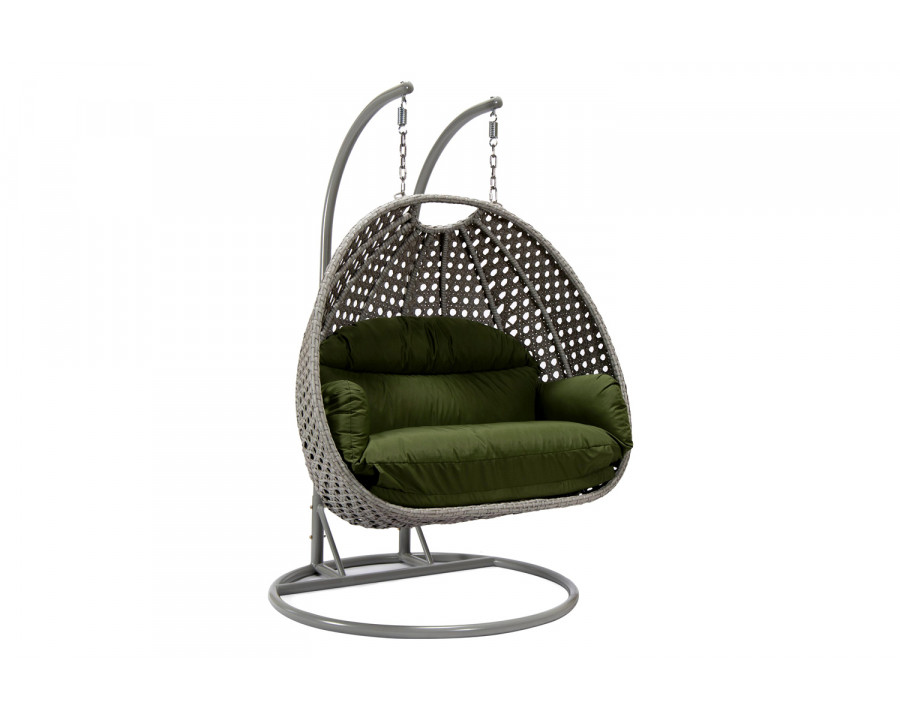 LeisureMod Mendoza Light Gray Wicker Hanging 2 Person Egg Swing Chair with Cushions - Dark Green