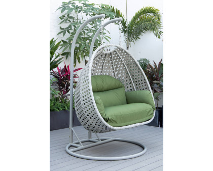 LeisureMod Mendoza Light Gray Wicker Hanging 2 Person Egg Swing Chair with Cushions - Dark Green