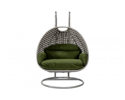 LeisureMod Mendoza Light Gray Wicker Hanging 2 Person Egg Swing Chair with Cushions - Dark Green