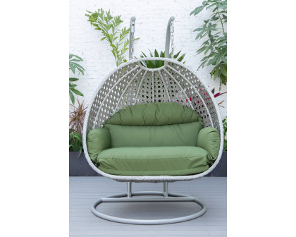 LeisureMod Mendoza Light Gray Wicker Hanging 2 Person Egg Swing Chair with Cushions - Dark Green