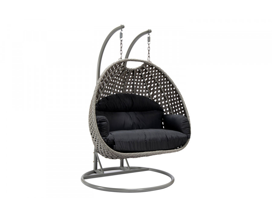 LeisureMod Mendoza Light Gray Wicker Hanging 2 Person Egg Swing Chair with Cushions - Dark Gray