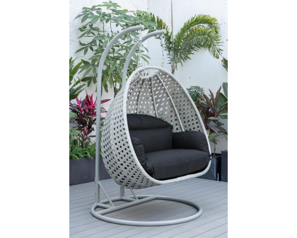 LeisureMod Mendoza Light Gray Wicker Hanging 2 Person Egg Swing Chair with Cushions - Dark Gray