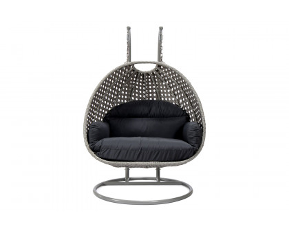 LeisureMod Mendoza Light Gray Wicker Hanging 2 Person Egg Swing Chair with Cushions - Dark Gray