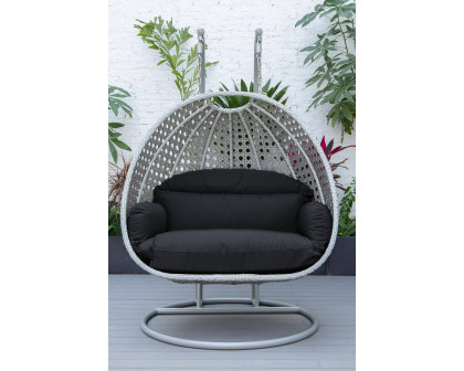 LeisureMod Mendoza Light Gray Wicker Hanging 2 Person Egg Swing Chair with Cushions - Dark Gray