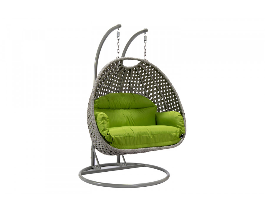 LeisureMod Mendoza Light Gray Wicker Hanging 2 Person Egg Swing Chair with Cushions - Light Green