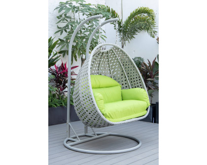 LeisureMod Mendoza Light Gray Wicker Hanging 2 Person Egg Swing Chair with Cushions - Light Green