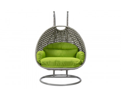 LeisureMod Mendoza Light Gray Wicker Hanging 2 Person Egg Swing Chair with Cushions - Light Green