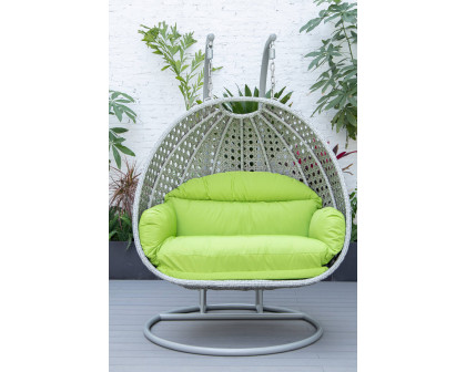 LeisureMod Mendoza Light Gray Wicker Hanging 2 Person Egg Swing Chair with Cushions - Light Green