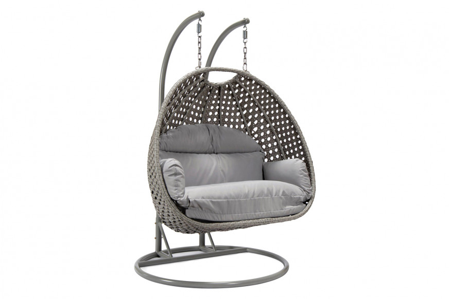 LeisureMod™ Mendoza Light Gray Wicker Hanging 2 Person Egg Swing Chair with Cushions - Light Gray