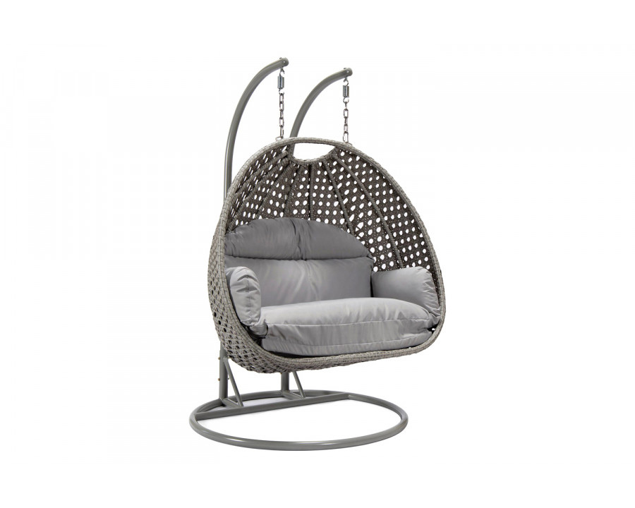 LeisureMod Mendoza Light Gray Wicker Hanging 2 Person Egg Swing Chair with Cushions - Light Gray