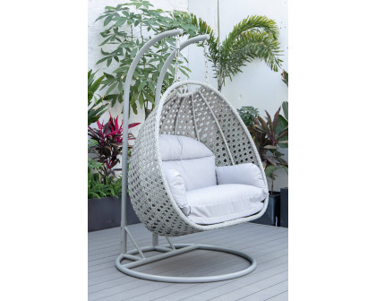 LeisureMod™ Mendoza Light Gray Wicker Hanging 2 Person Egg Swing Chair with Cushions - Light Gray