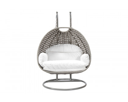 LeisureMod™ Mendoza Light Gray Wicker Hanging 2 Person Egg Swing Chair with Cushions - Light Gray