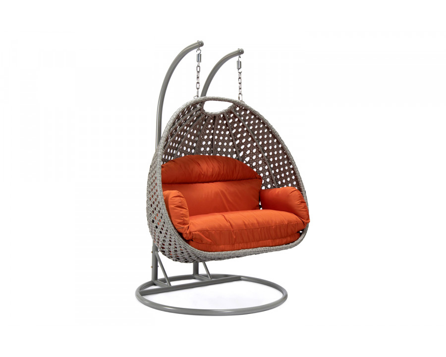 LeisureMod Mendoza Light Gray Wicker Hanging 2 Person Egg Swing Chair with Cushions - Orange