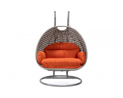 LeisureMod Mendoza Light Gray Wicker Hanging 2 Person Egg Swing Chair with Cushions - Orange