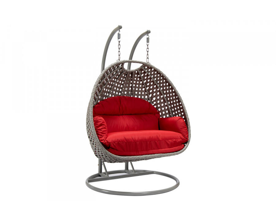 LeisureMod Mendoza Light Gray Wicker Hanging 2 Person Egg Swing Chair with Cushions - Red