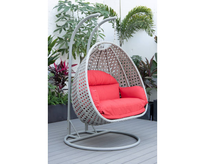 LeisureMod Mendoza Light Gray Wicker Hanging 2 Person Egg Swing Chair with Cushions - Red