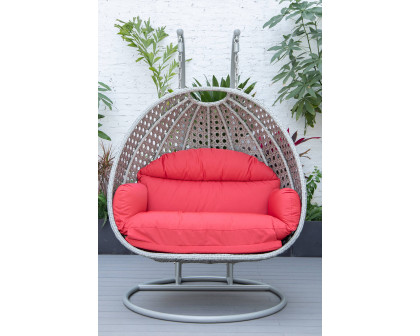 LeisureMod Mendoza Light Gray Wicker Hanging 2 Person Egg Swing Chair with Cushions - Red