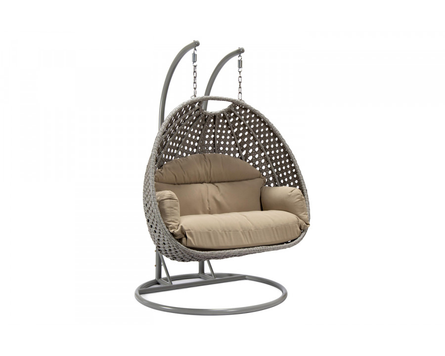 LeisureMod Mendoza Light Gray Wicker Hanging 2 Person Egg Swing Chair with Cushions - Taupe