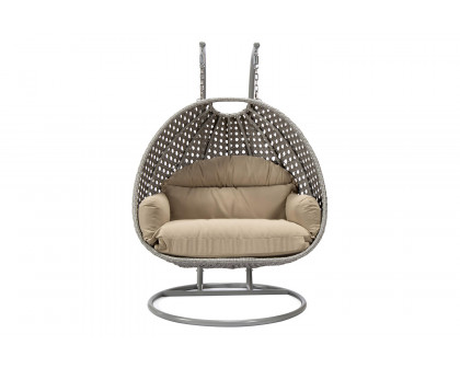 LeisureMod Mendoza Light Gray Wicker Hanging 2 Person Egg Swing Chair with Cushions - Taupe