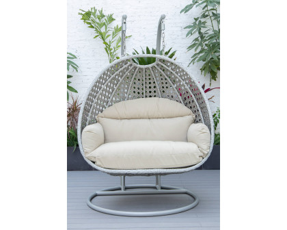 LeisureMod Mendoza Light Gray Wicker Hanging 2 Person Egg Swing Chair with Cushions - Taupe