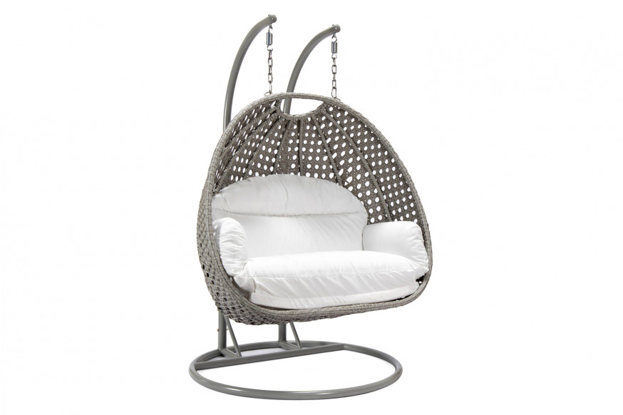 LeisureMod™ Mendoza Light Gray Wicker Hanging 2 Person Egg Swing Chair with Cushions - White