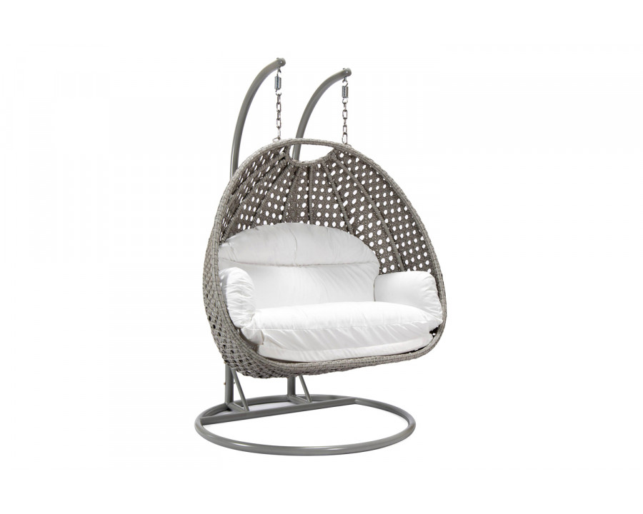 LeisureMod Mendoza Light Gray Wicker Hanging 2 Person Egg Swing Chair with Cushions - White