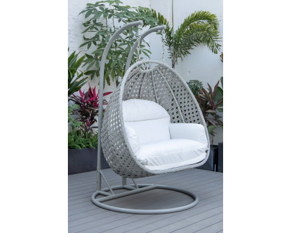 LeisureMod™ Mendoza Light Gray Wicker Hanging 2 Person Egg Swing Chair with Cushions - White