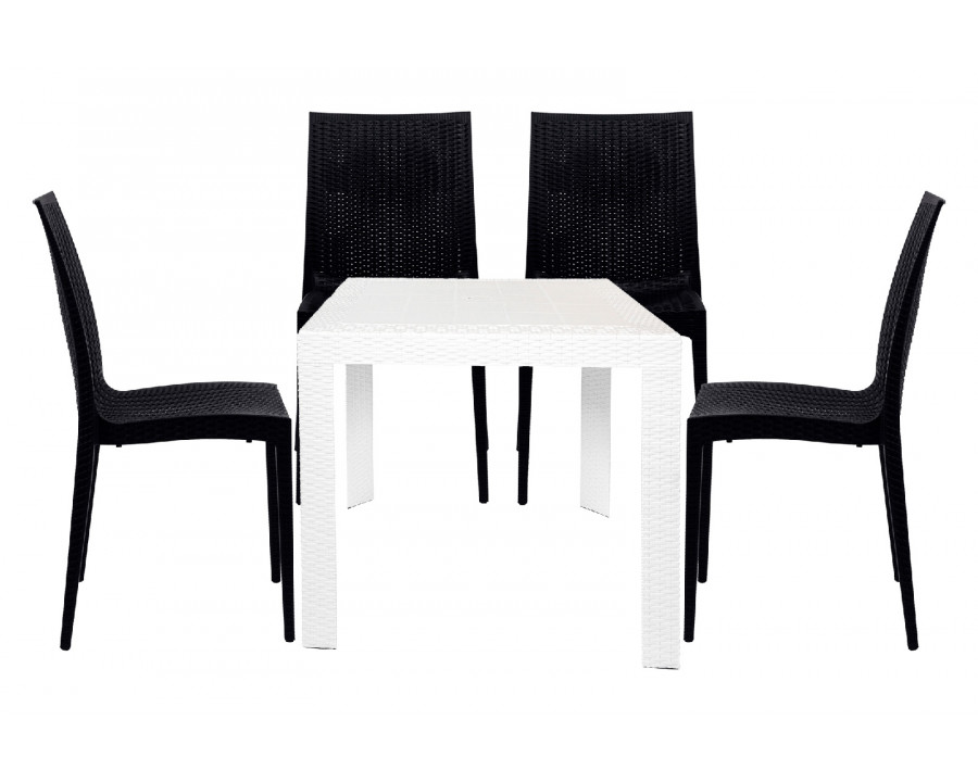 LeisureMod Mace Mid-Century 5-Piece Outdoor Dining Set - White/Black