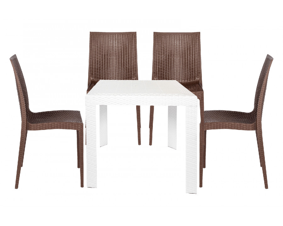 LeisureMod Mace Mid-Century 5-Piece Outdoor Dining Set - White/Brown