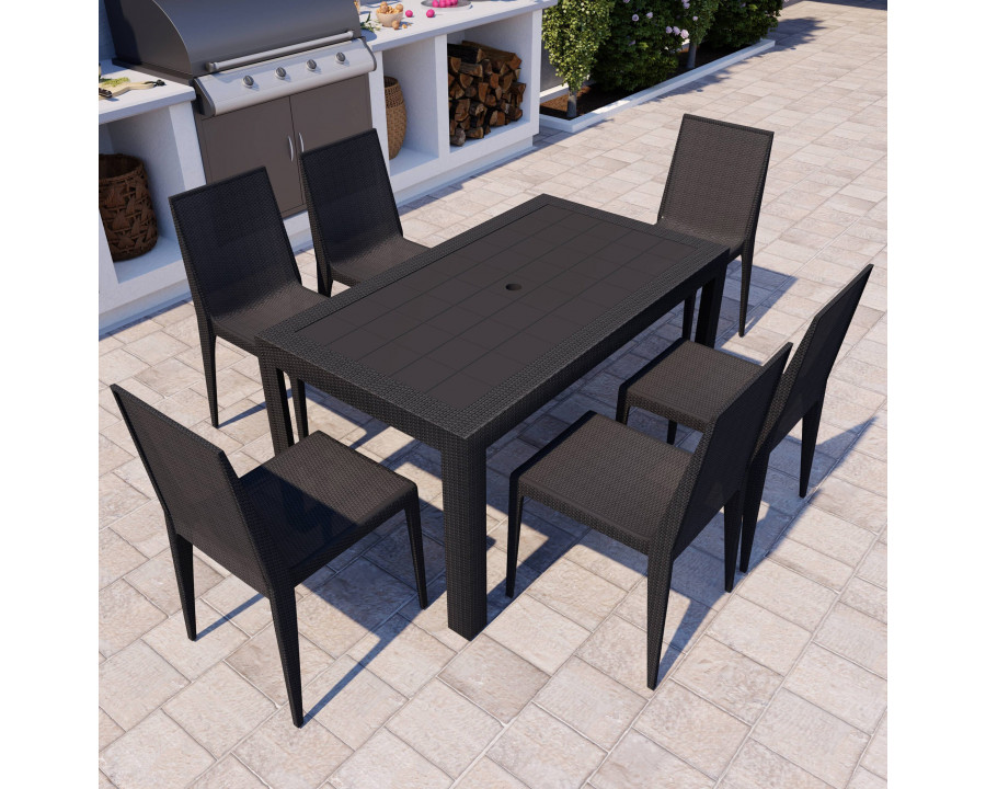 LeisureMod Mace Mid-Century 7-Piece Outdoor Dining Set - Black