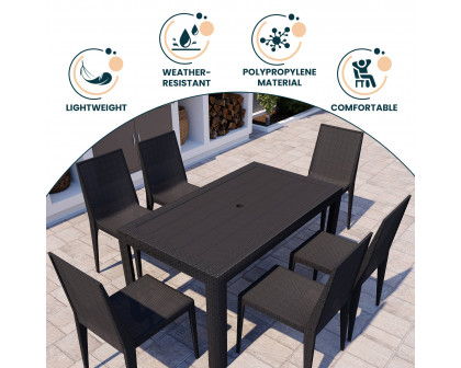 LeisureMod Mace Mid-Century 7-Piece Outdoor Dining Set - Black