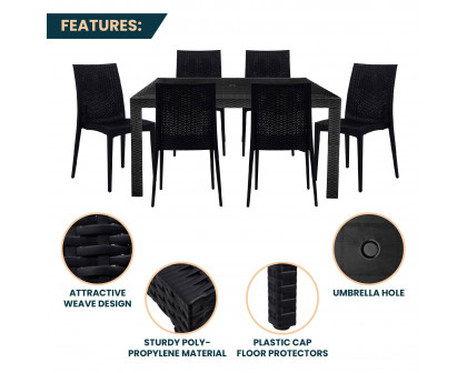 LeisureMod Mace Mid-Century 7-Piece Outdoor Dining Set - Black