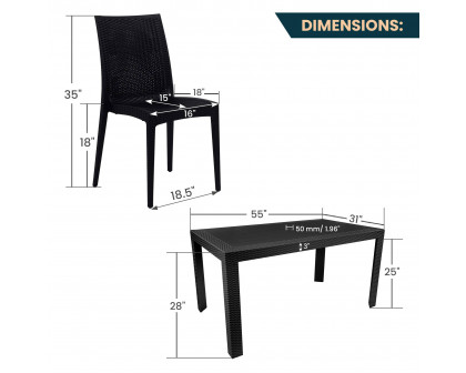 LeisureMod Mace Mid-Century 7-Piece Outdoor Dining Set - Black