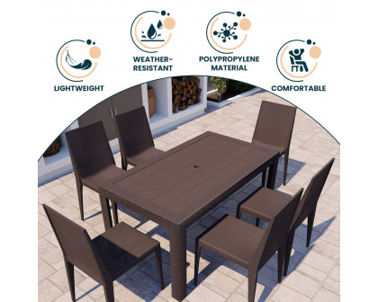 LeisureMod Mace Mid-Century 7-Piece Outdoor Dining Set - Brown