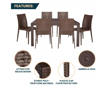 LeisureMod Mace Mid-Century 7-Piece Outdoor Dining Set - Brown