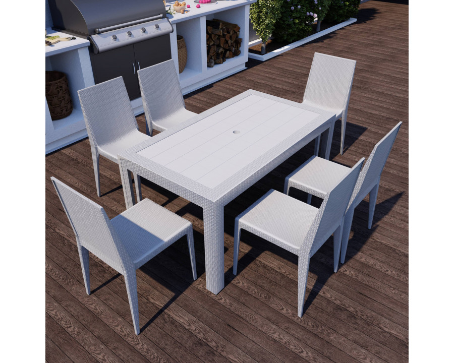 LeisureMod Mace Mid-Century 7-Piece Outdoor Dining Set - White