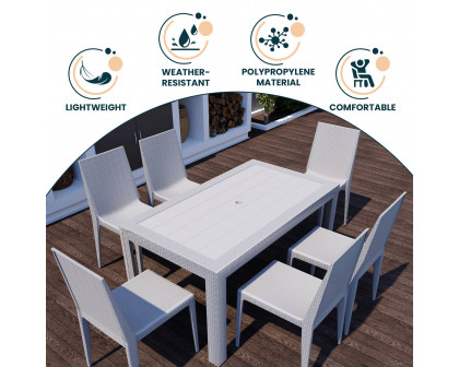 LeisureMod Mace Mid-Century 7-Piece Outdoor Dining Set - White