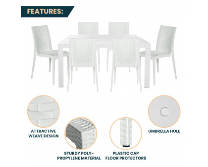 LeisureMod Mace Mid-Century 7-Piece Outdoor Dining Set - White