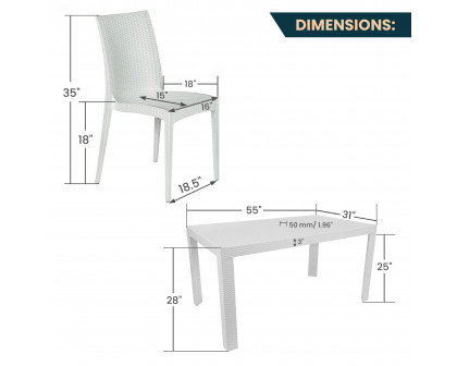 LeisureMod Mace Mid-Century 7-Piece Outdoor Dining Set - White