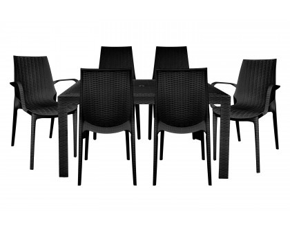 LeisureMod Kent Mid-Century Modern 7-Piece Rectangular Outdoor Dining Set with 4 Side Chairs and 2 Arm Chairs