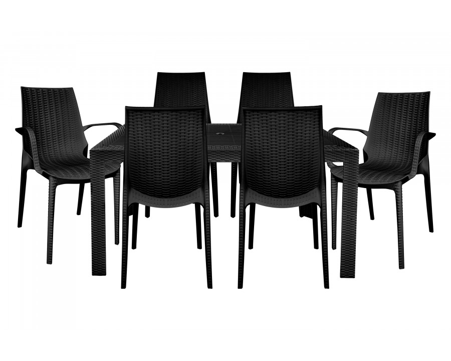 LeisureMod Kent Mid-Century Modern 7-Piece Rectangular Outdoor Dining Set with 4 Side Chairs and 2 Arm Chairs - Black