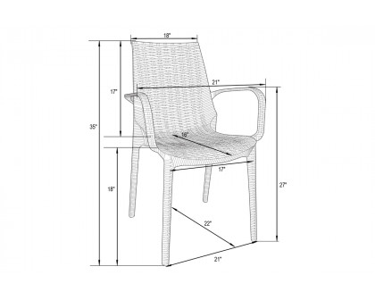 LeisureMod Kent Mid-Century Modern 7-Piece Rectangular Outdoor Dining Set with 4 Side Chairs and 2 Arm Chairs - Black