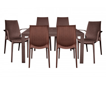 LeisureMod Kent Mid-Century Modern 7-Piece Rectangular Outdoor Dining Set with 4 Side Chairs and 2 Arm Chairs