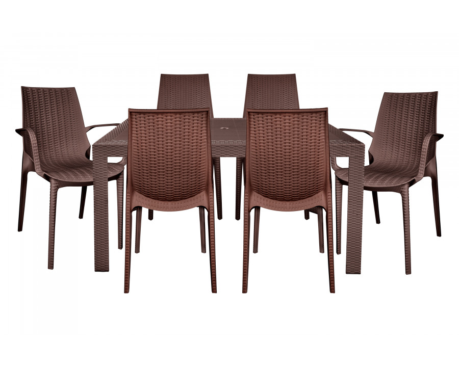 LeisureMod Kent Mid-Century Modern 7-Piece Rectangular Outdoor Dining Set with 4 Side Chairs and 2 Arm Chairs - Brown