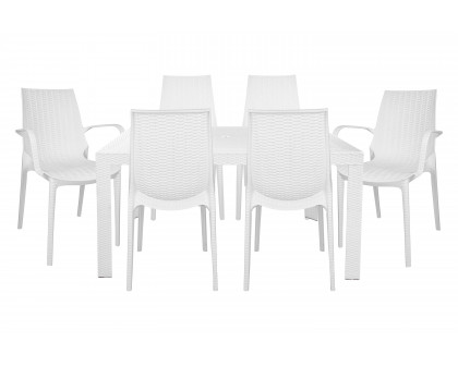 LeisureMod Kent Mid-Century Modern 7-Piece Rectangular Outdoor Dining Set with 4 Side Chairs and 2 Arm Chairs