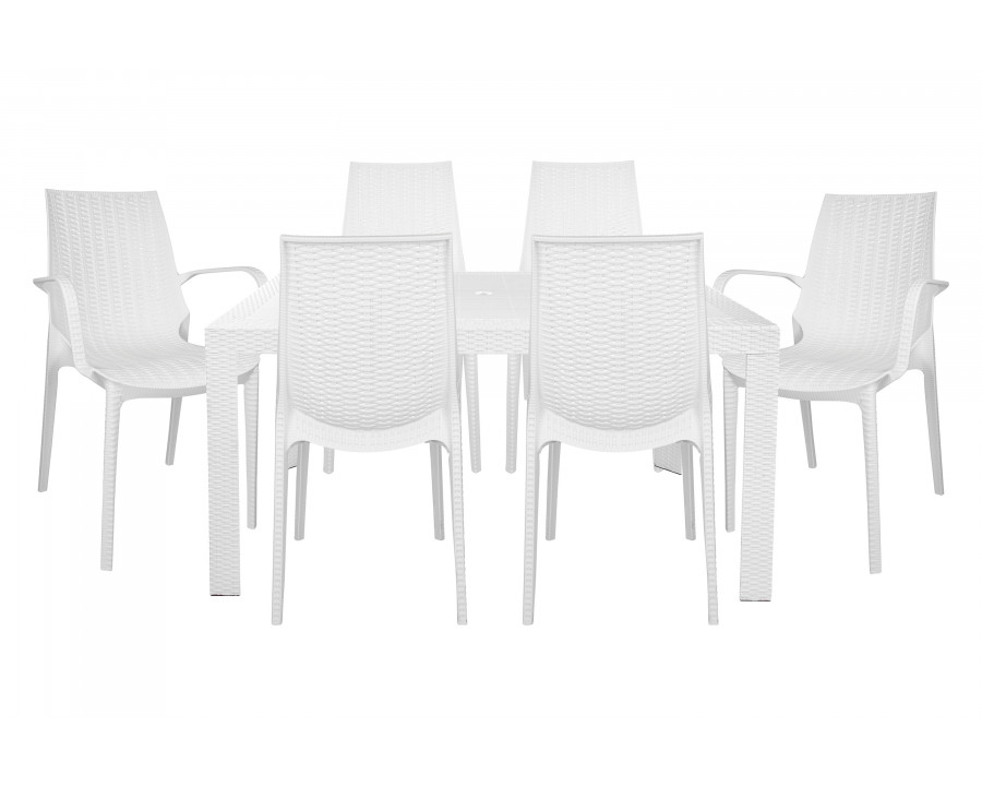 LeisureMod Kent Mid-Century Modern 7-Piece Rectangular Outdoor Dining Set with 4 Side Chairs and 2 Arm Chairs - White